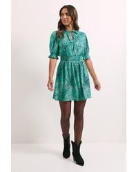 Dorothy Perkins - Animal Shirred Waist Tie Neck Mini Dress - Lyst