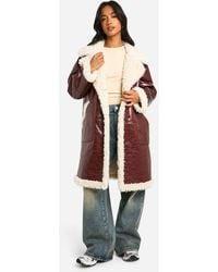 Boohoo - Petite Faux Leather Teddy Trim Longline Aviator Jacket - Lyst