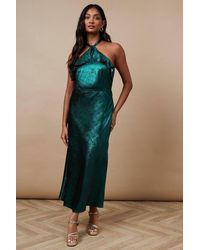 Oasis - Foil Halterneck Ruffle Foil Midaxi Dress - Lyst