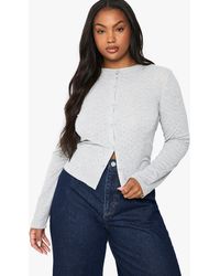 Boohoo - Plus Pointelle Long Sleeve Button Down Fitted Top - Lyst
