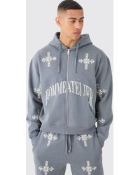 BoohooMAN - Oversized Boxy Zip Through Homme Cross Embroidered Hoodie - Lyst