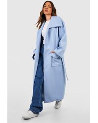Boohoo Oversized Belted Pocket Detail Wool Look Coat - Blue