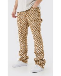 BoohooMAN - Tall Fixed Waist Slim Flare Checked Tapestry Popper Trouser - Lyst