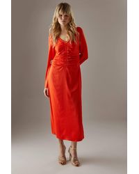 Warehouse - Crinkle Satin Ruched Front Column Midi Dress - Lyst