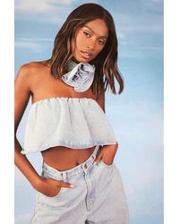 Boohoo - Ruffle Denim Tube Top With Rose Corsage - Lyst
