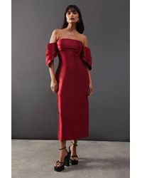 Warehouse - Structured Puff Sleeve Bardot Midi Dress - Lyst