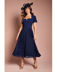 Coast - Short Sleeve Crepe Midi Dress With Lace Pleated Skirt - Lyst