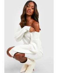 Boohoo Basic Slash Neck Sweater Dress - White