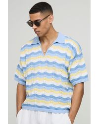 Boohoo - Oversized Boxy Crochet Look Stripe Knitted Polo - Lyst