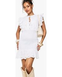 Boohoo - Broderie Anglaise Shirred Tie Detail Mini Dress - Lyst