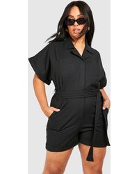 Boohoo - Plus Woven Utility Belted Romper - Lyst