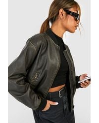 Boohoo - Vintage Look Faux Leather Oversized Cropped Bomber Jacket - Lyst