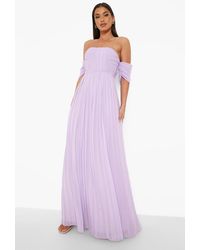 Boohoo Pleated Bardot Bridesmaid Maxi Dress - Purple
