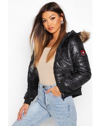 Boohoo Womens Steppjacke mit Kapuze und Kunstfellbesatz - Schwarz