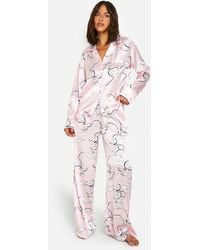 Boohoo - Bow Print Satin Long Sleeve Shirt & Pants Pyjama Set - Lyst