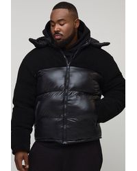 Boohoo - Plus Borg And High Shine Regular Fit Hooded Puffer In Black - Lyst