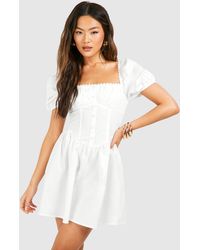 Boohoo - Puff Sleeve Cotton Rouched Milkmaid Mini Dress - Lyst