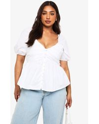 Boohoo - Plus V Neck Gathered Button Front Peplum Top - Lyst