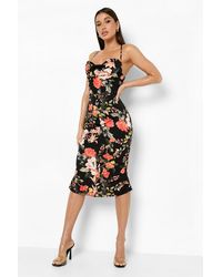 satin floral cowl flute hem slip dress