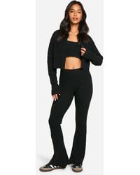 Boohoo - Petite Soft Cable Knitted Cardigan, Crop Top And Flare Leg Trouser 3 Piece Set - Lyst