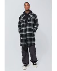 BoohooMAN - Wool Look Check Single Breasted Overcoat - Lyst