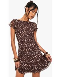 Boohoo - Polka Dot Mesh Ruched Slash Neck Mini Dress - Lyst