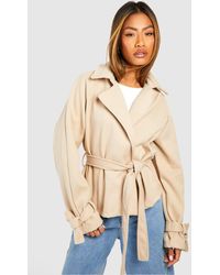 Boohoo - Belted Short Textured Wool Look Trench Coat - Lyst