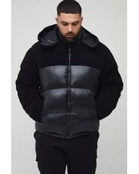 Boohoo - Plus Borg And High Shine Regular Fit Hooded Puffer In Black - Lyst