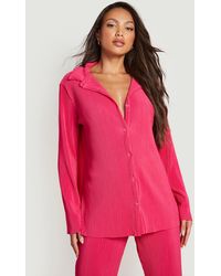 Boohoo Plisse Oversized Shirt Dress in Green | Lyst