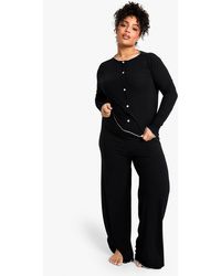 Boohoo - Plus Rib Contrast Button Rib Top & Trouser Pj Set - Lyst