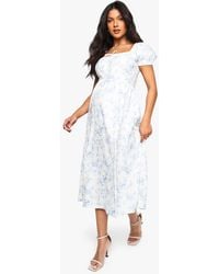 Boohoo - Maternity Bengaline Puff Sleeve Porcelain Print Milkmaid Midi Dress - Lyst