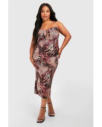 Boohoo - Plus Mesh Mixed Leopard Print Lace Up Corset Detail Cami Midi Dress - Lyst