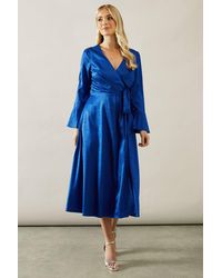 Wallis - Petite Animal Satin Jacquard Wrap Midi Dress - Lyst