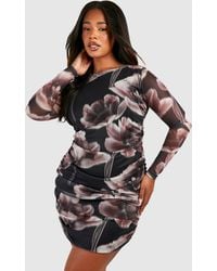 Boohoo - Plus Printed Ruched Bodycon Dress - Lyst