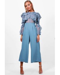 Boohoo Womens All Over Lace Ruffle Culotte Jumpsuit - Blue