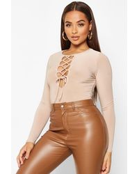 Boohoo Slinky Lace Up Long Sleeve Bodysuit - Natural