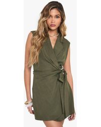 Boohoo - Linen Look Wrap Drape Front Sleeveless Blazer Dress - Lyst