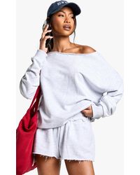 Boohoo - Loopback Off The Shoulder Raw Edge Sweatshirt - Lyst