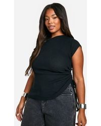 Boohoo - Plus Brushed Rib Asymmetric Ruched Side Top - Lyst
