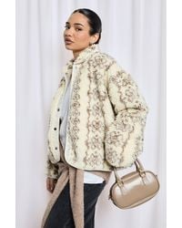 Boohoo - Printed Teddy Button Up Jacket - Lyst