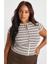 Boohoo - Plus Stripe Button Down Cap Sleeve Top - Lyst