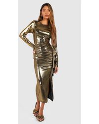 Boohoo - Metallic Long Sleeve Frill Ruched Midaxi Dress - Lyst
