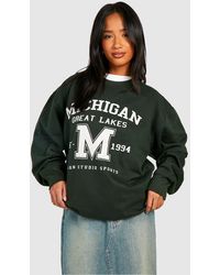 Boohoo - Petite Michigan Slogan Varisty Printed Oversized Sweatshirt - Lyst