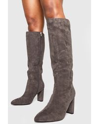 Boohoo - Wide Fit Faux Suede Mid Block Knee High Boots - Lyst