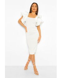 Boohoo Bonded Scuba Ruffle Sleeve Midi Dress - White