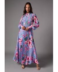 Coast - Pleated Printed Long Sleeve Midi Dress With Lace Trim - Lyst