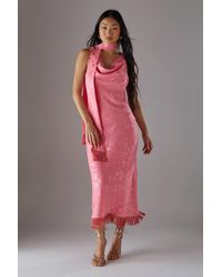 Warehouse - Petite Satin Jacquard Cowl Scarf Neck Fringe Midi Slip Dress - Lyst
