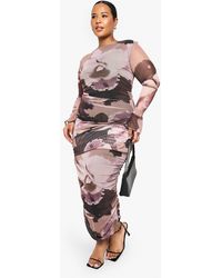 Boohoo - Plus Abstract Print Mesh Flare Sleeve Midaxi Dress - Lyst