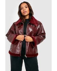 Boohoo Petite High Shine Borg Collar Aviator Jacket in Black | Lyst Canada