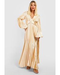 Boohoo - Pleated Satin Oversized Sleeve Midi Dress - Lyst